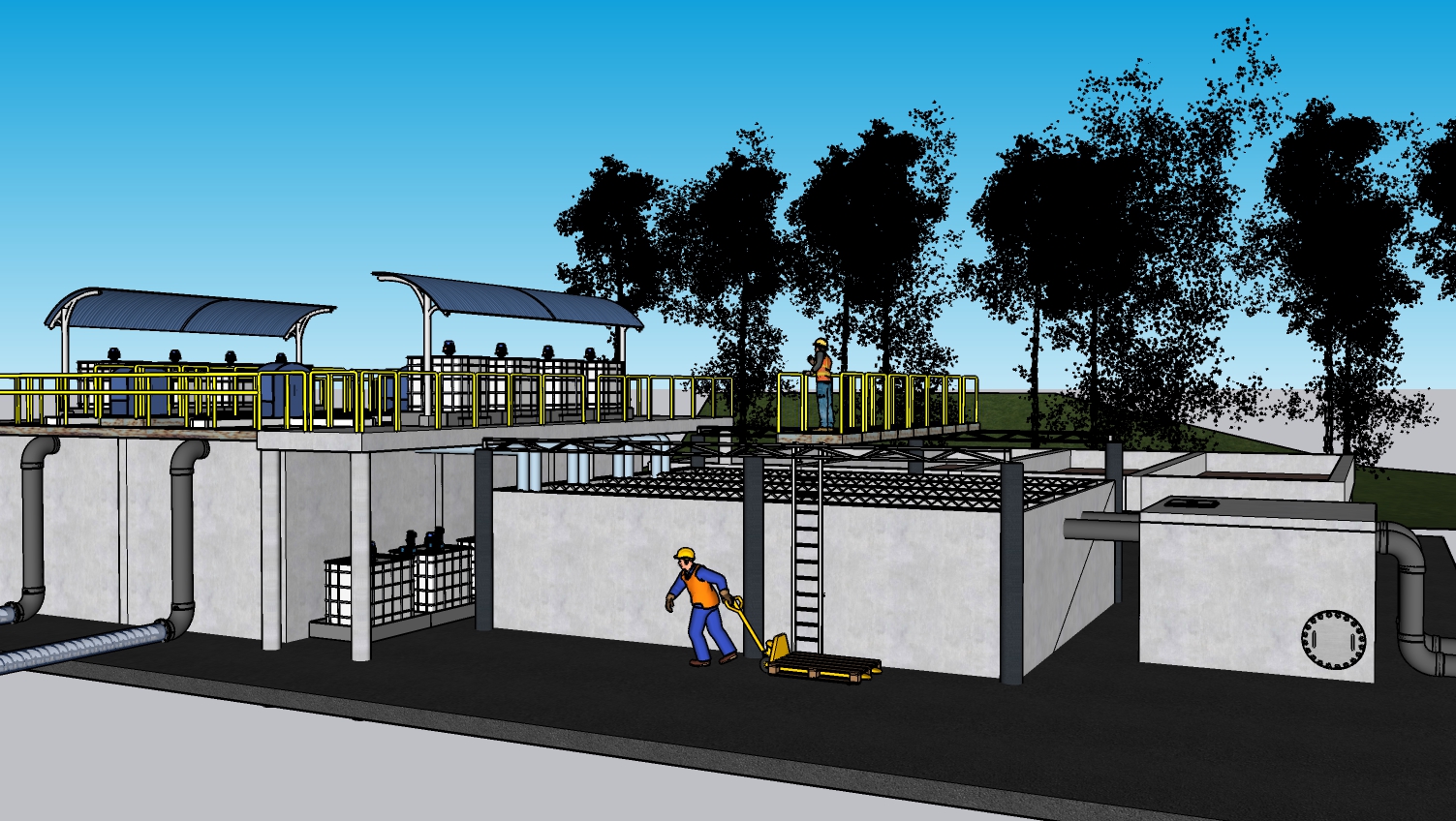 A team of engineers collaborating on a complex blueprint for a water treatment system.